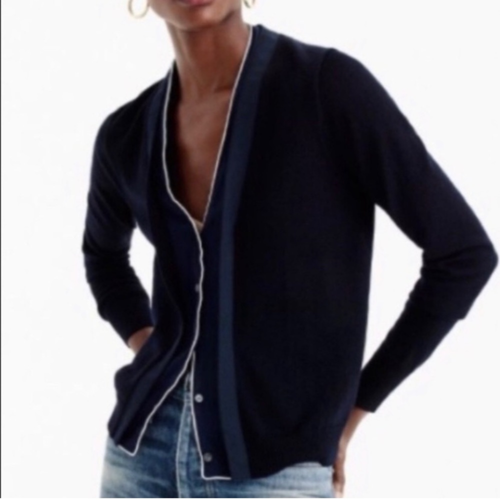 J. Crew Merino Wool Ribbon & Faux Shirt Navy Casual Cardigan Sweater S